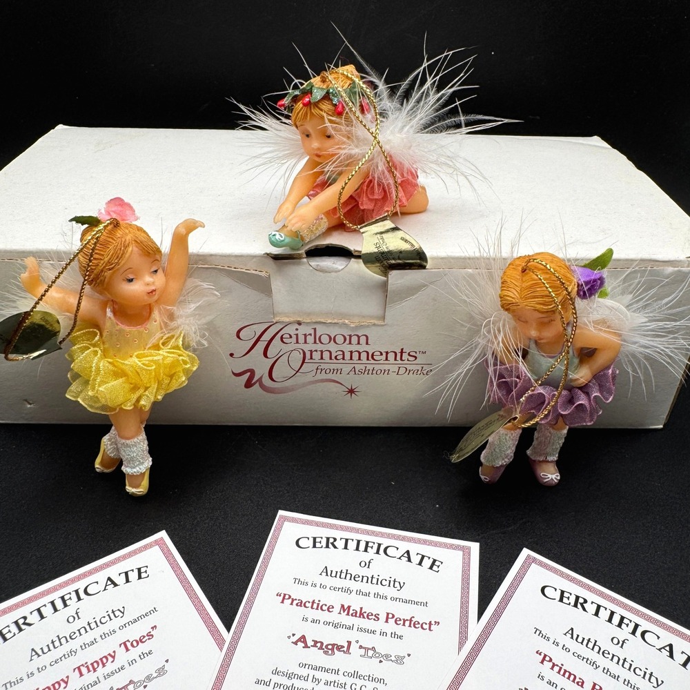 Ashton Drake Angel Toes Ballerina Angel Ornaments Set 3 G.G. Santiago Box COA